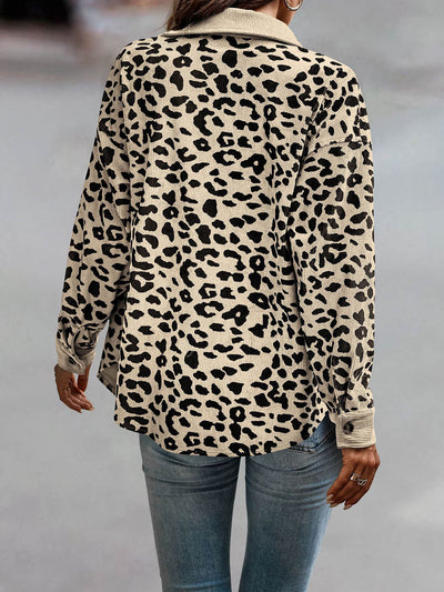 Leopard Textured Long Sleeve Collar Shacket Shirt