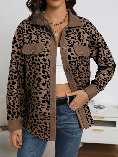 Leopard Textured Long Sleeve Collar Shacket Shirt