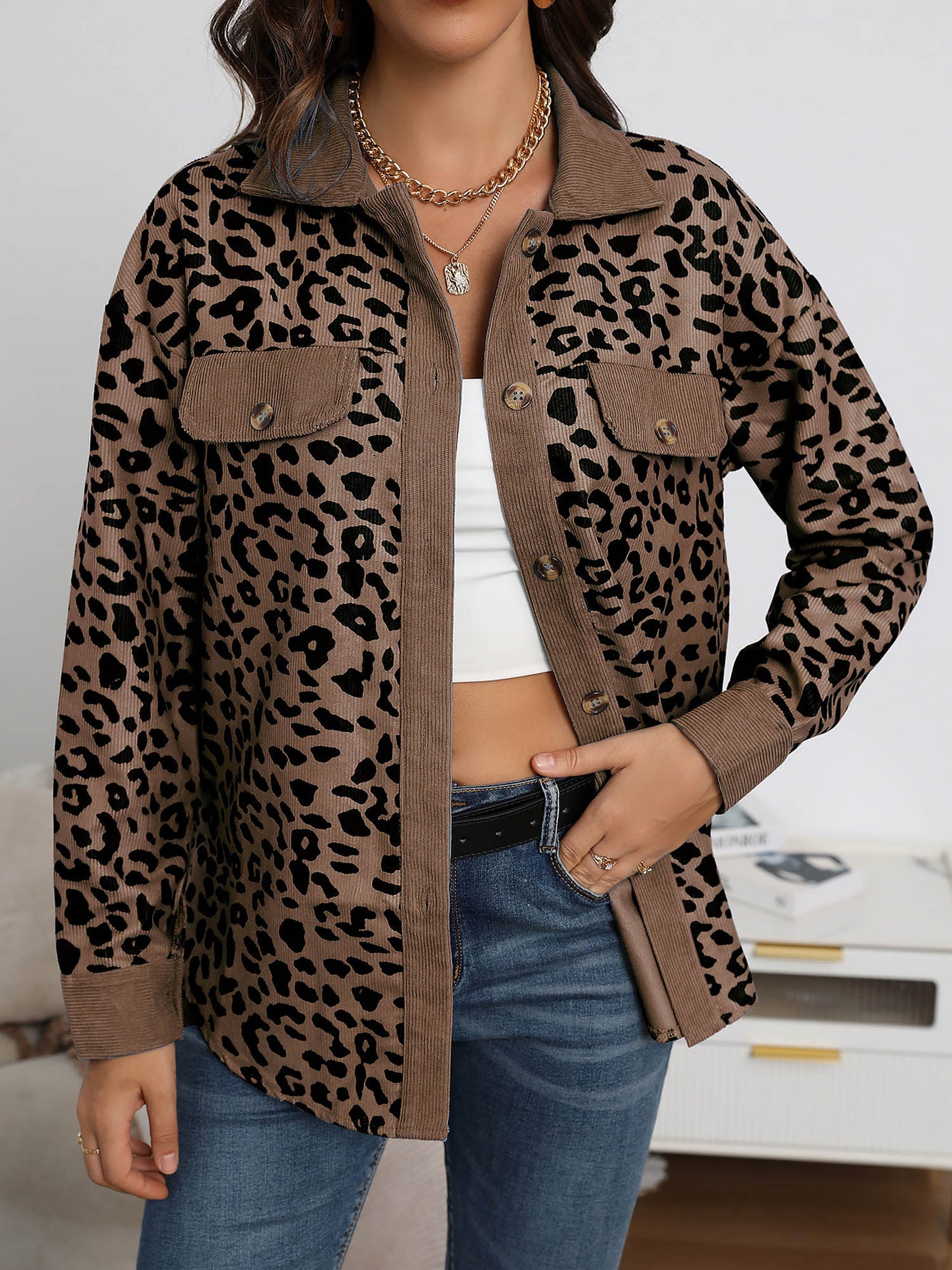 Allegra K Leopard Textured Long Sleeve Collar Shacket Shirt