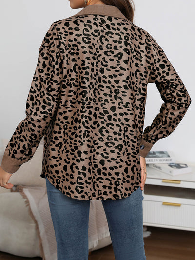 Leopard Textured Long Sleeve Collar Shacket Shirt