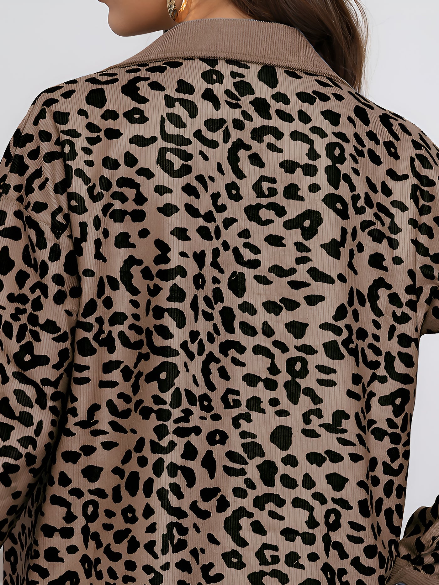 Allegra K Leopard Textured Long Sleeve Collar Shacket Shirt