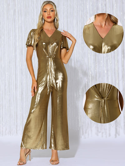 V Neck Short Sleeve Tie Front Metallic Jumpsuits