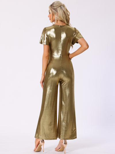 V Neck Short Sleeve Tie Front Metallic Jumpsuits