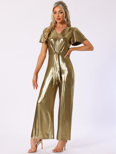 V Neck Short Sleeve Tie Front Metallic Jumpsuits