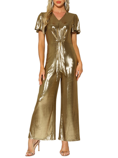 V Neck Short Sleeve Tie Front Metallic Jumpsuits