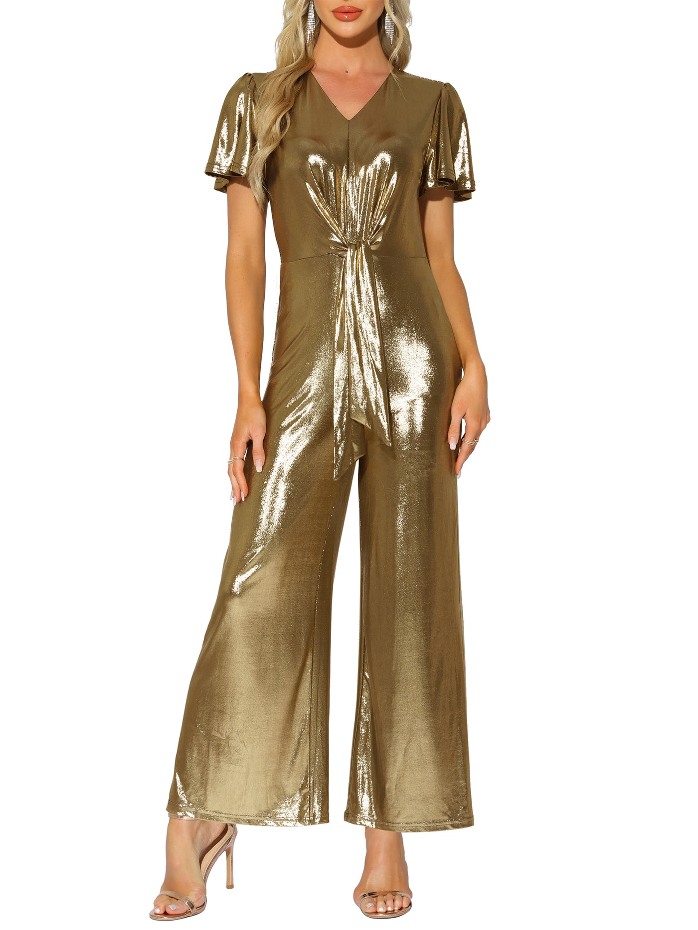 Allegra K V Neck Short Sleeve Tie Front Metallic Jumpsuits