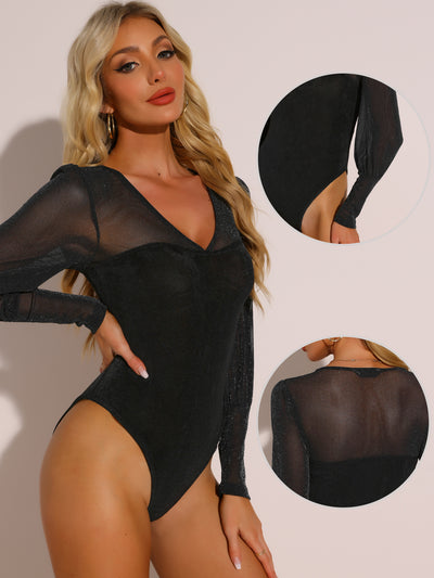 Glitter V Neck Lantern Long Sleeve Sheer Mesh Bodysuit