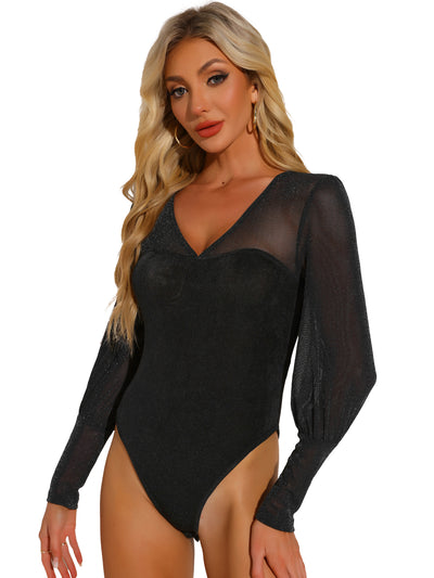 Glitter V Neck Lantern Long Sleeve Sheer Mesh Bodysuit