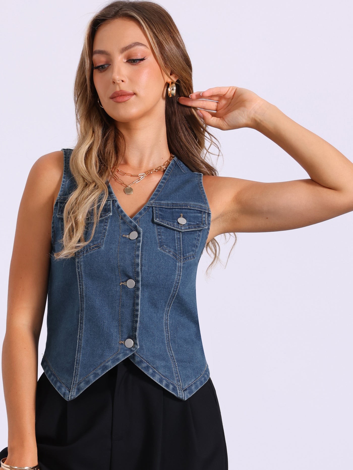 Allegra K Women's Denim Jacket Sleeveless V Neck Button Down Casual Jean with Pockets Top