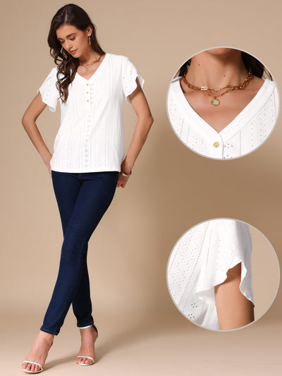 Short Tulip Sleeve Button Front V Neck Eyelet Loose Fit Top