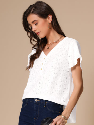 Short Tulip Sleeve Button Front V Neck Eyelet Loose Fit Top