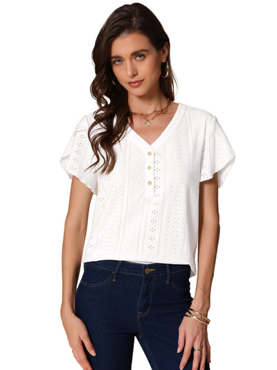 Short Tulip Sleeve Button Front V Neck Eyelet Loose Fit Top