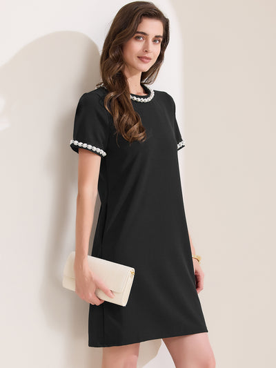 Short Sleeve Crew Neck Faux Pearl Decor Pocketed Dress