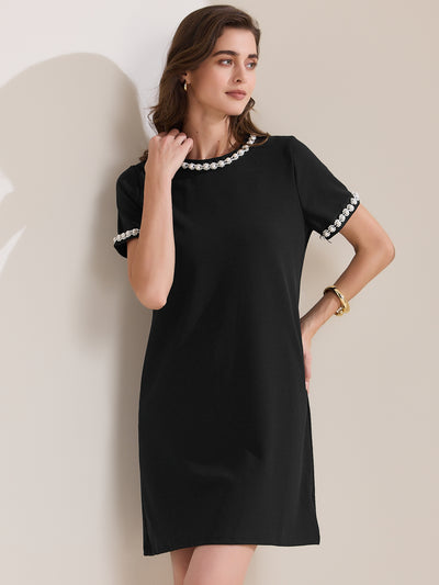 Short Sleeve Crew Neck Faux Pearl Decor Pocketed Dress