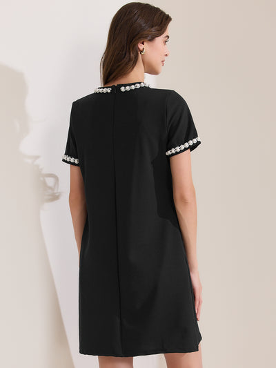 Short Sleeve Crew Neck Faux Pearl Decor Pocketed Dress