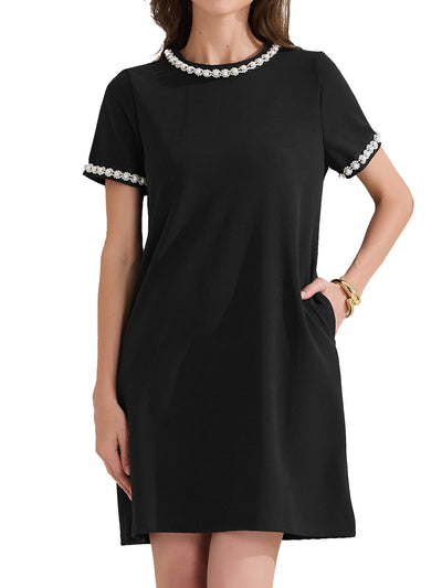 Short Sleeve Crew Neck Faux Pearl Decor Pocketed Dress