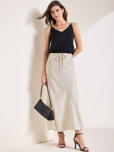 Satin High Waist Drawstring Solid Color Maxi Skirt