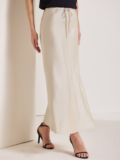 Satin High Waist Drawstring Solid Color Maxi Skirt