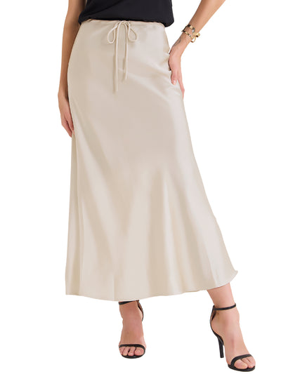 Satin High Waist Drawstring Solid Color Maxi Skirt