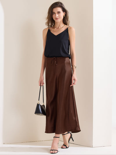 Satin High Waist Drawstring Solid Color Maxi Skirt