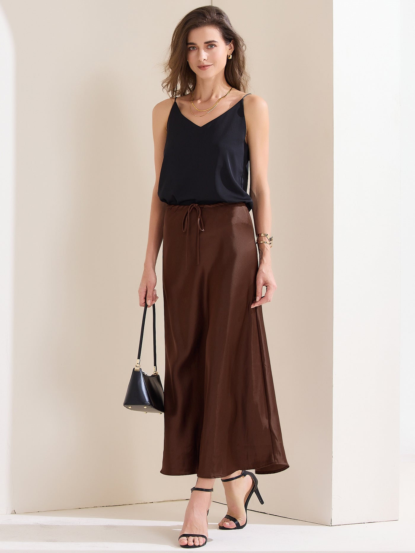 Allegra K Satin High Waist Drawstring Solid Color Maxi Skirt