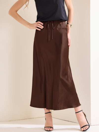 Satin High Waist Drawstring Solid Color Maxi Skirt