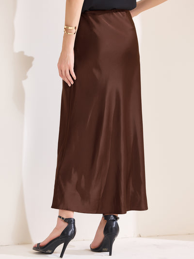 Satin High Waist Drawstring Solid Color Maxi Skirt