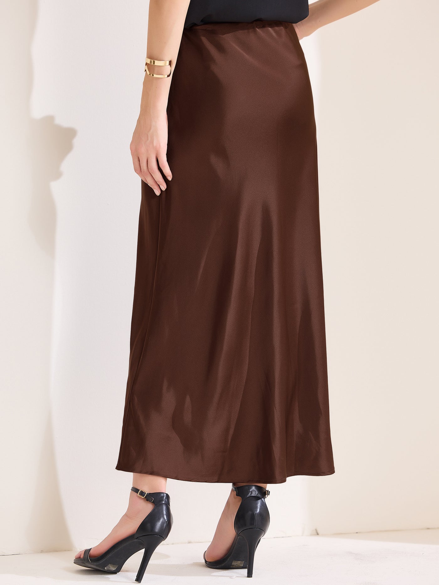 Allegra K Satin High Waist Drawstring Solid Color Maxi Skirt