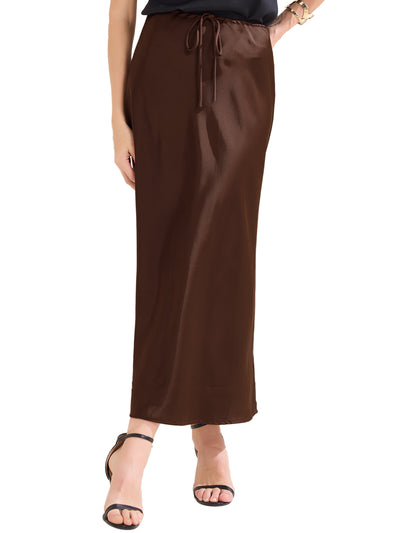 Satin High Waist Drawstring Solid Color Maxi Skirt