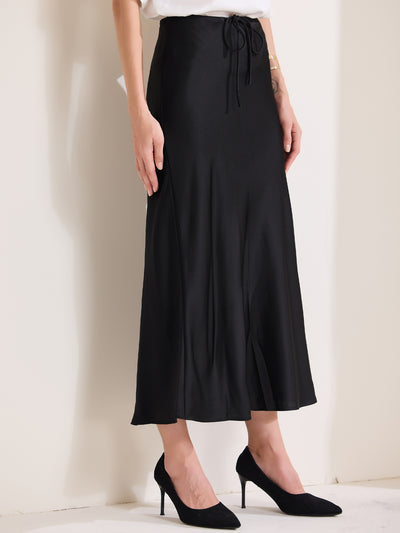 Satin High Waist Drawstring Solid Color Maxi Skirt