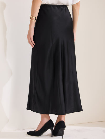 Satin High Waist Drawstring Solid Color Maxi Skirt