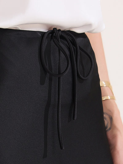 Satin High Waist Drawstring Solid Color Maxi Skirt