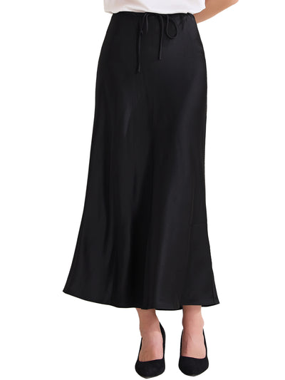 Satin High Waist Drawstring Solid Color Maxi Skirt