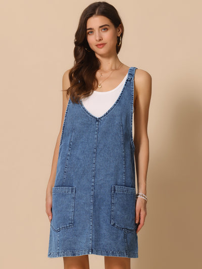 Sleeveless Denim Adjustable Strap Pocketed Overall Jean Dress