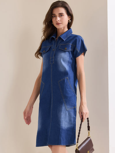 Women's Denim Shirt Dress Casual Short Sleeve V Neck Collared Mini Jean Dresses