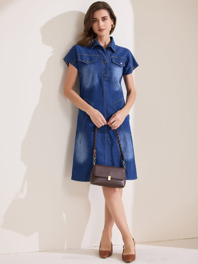 Women's Denim Shirt Dress Casual Short Sleeve V Neck Collared Mini Jean Dresses