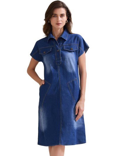 Women's Denim Shirt Dress Casual Short Sleeve V Neck Collared Mini Jean Dresses