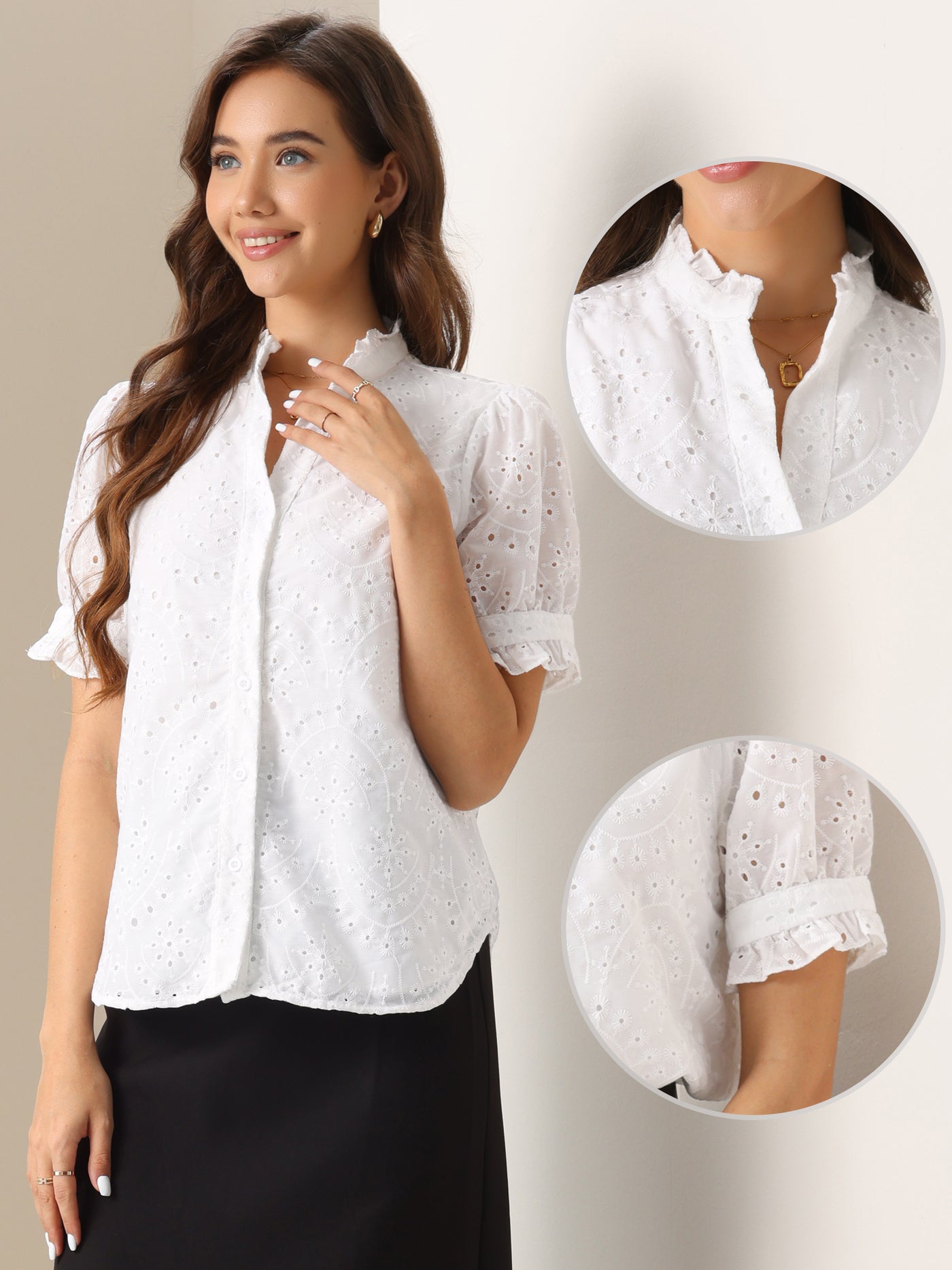 Allegra K Puff Short Sleeve Notch Neck Buttons Eyelet Blouse