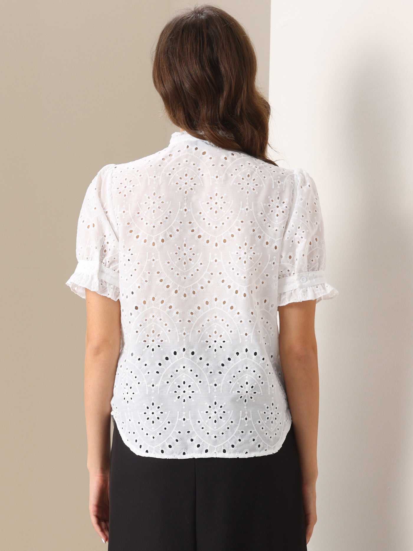 Allegra K Puff Short Sleeve Notch Neck Buttons Eyelet Blouse