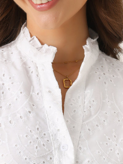 Puff Short Sleeve Notch Neck Buttons Eyelet Blouse