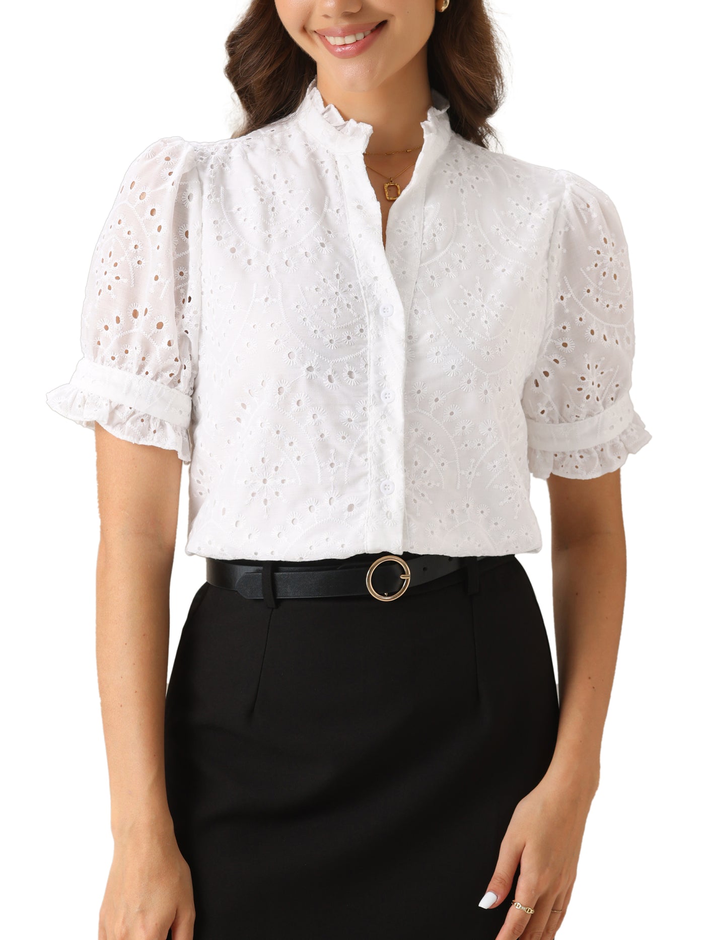 Allegra K Puff Short Sleeve Notch Neck Buttons Eyelet Blouse