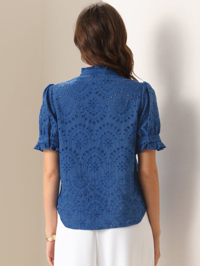 Puff Short Sleeve Notch Neck Buttons Eyelet Blouse