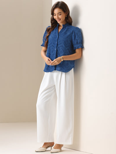 Puff Short Sleeve Notch Neck Buttons Eyelet Blouse