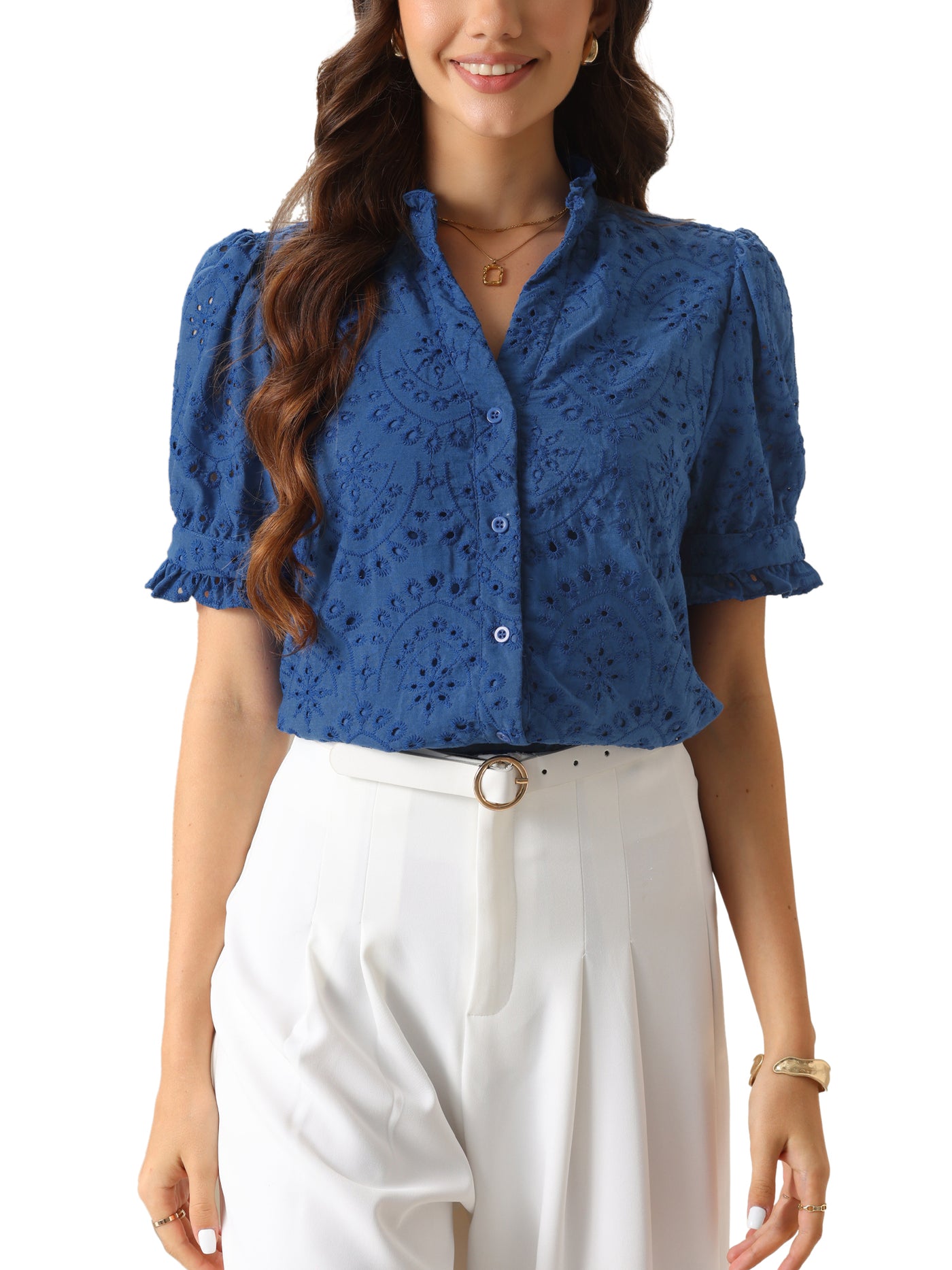 Allegra K Puff Short Sleeve Notch Neck Buttons Eyelet Blouse