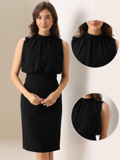 Puff Sleeveless Solid Color Midi Sheath Dress