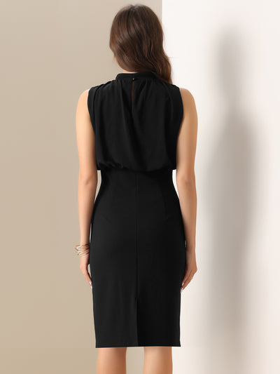 Puff Sleeveless Solid Color Midi Sheath Dress