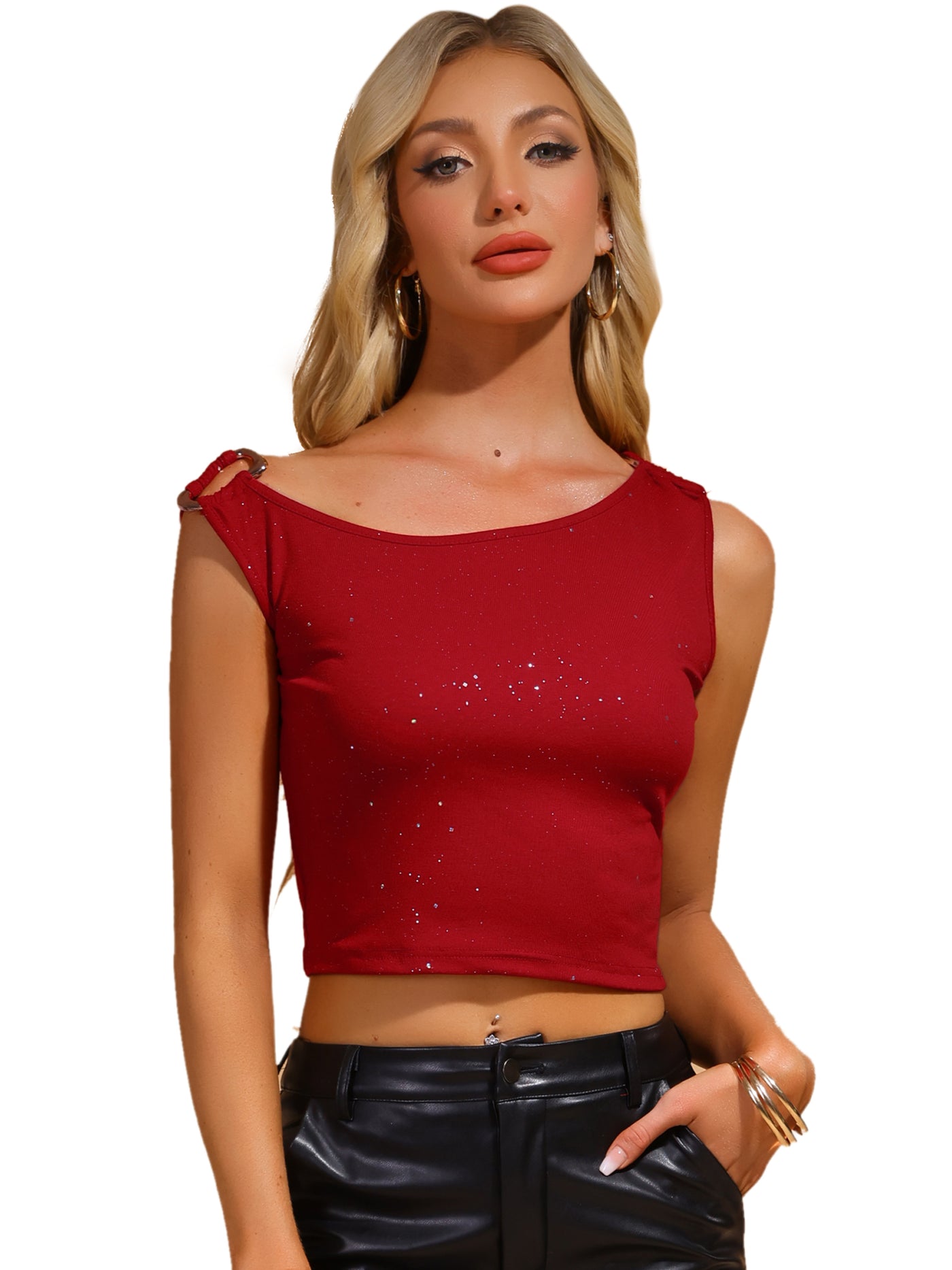 Allegra K Sleeveless Glitter Going Out Cropped Tank Top