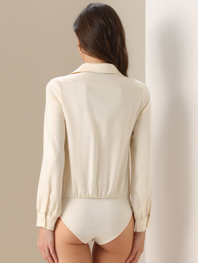 Satin Long Sleeve Collared Solid Color Bodysuit