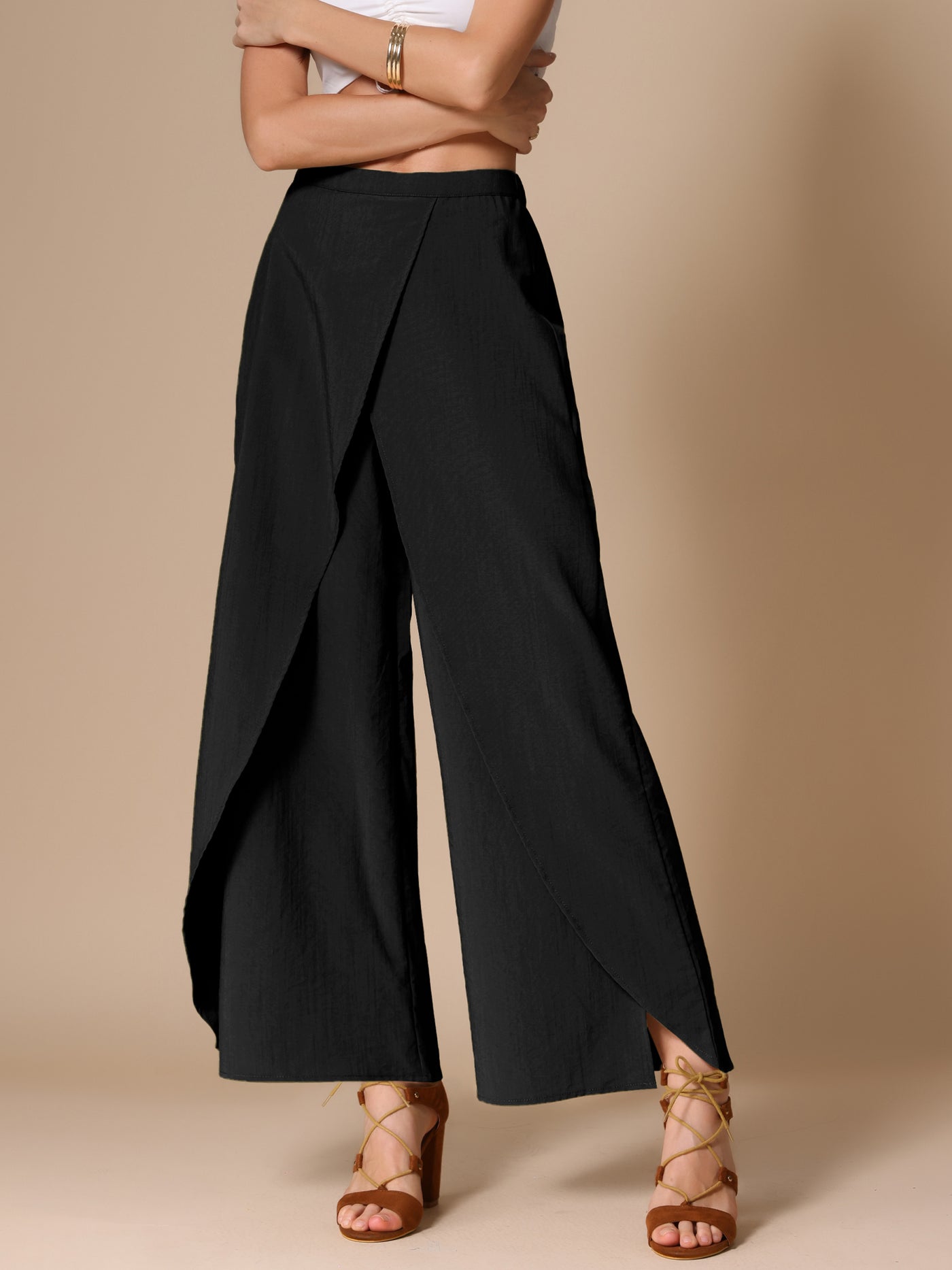 Allegra K Casual Elastic High Waist Split Side Wide Legs Pants