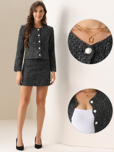 2 Pieces Tweed Long Sleeves Cropped Jacket & Mini Pencil Skirt Set